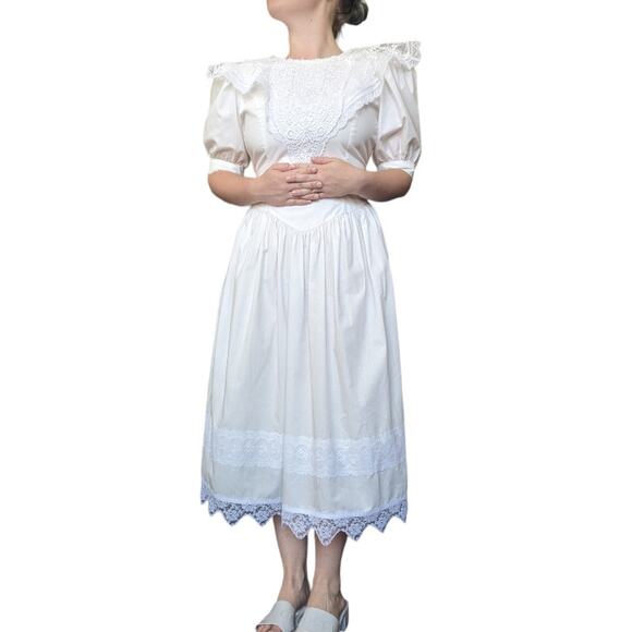 Vintage Gunne Sax White Lace Midi Dress Jessica McClintok 90s Lace Victorian 8 - Picture 1 of 8